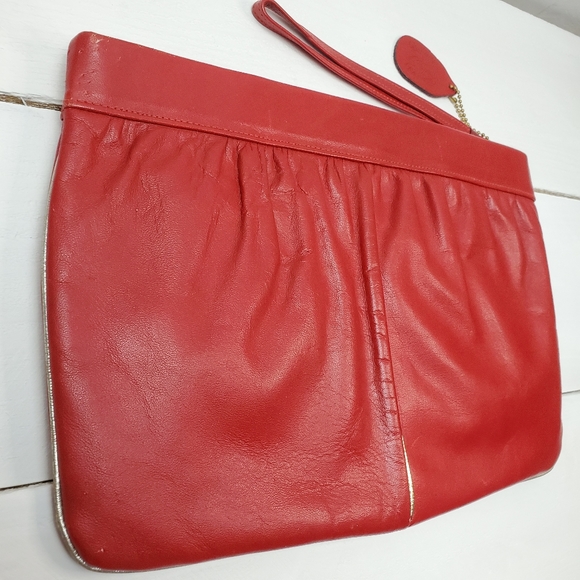Vtg Etra Vintage 70s 80s Red Genuine Leather Medium Clutch Bag Purse - Picture 4 of 15